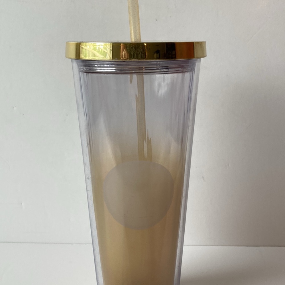 STARBUCKS 2014 Cold Beverage Tumbler with Straw Gold to Clear Ombre 24 oz Venti